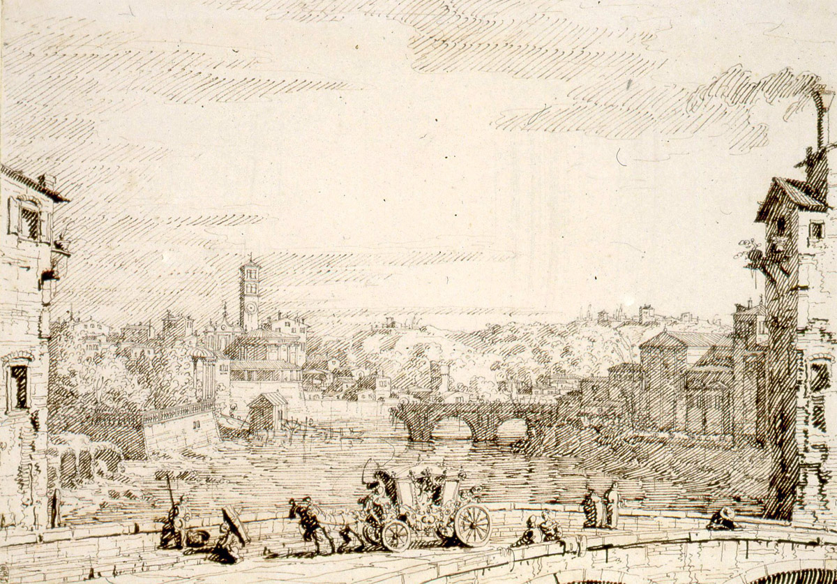 Canaletto,Vue vers Santa Maria in Cosmedin et le Ponte rotto (environ 1742)